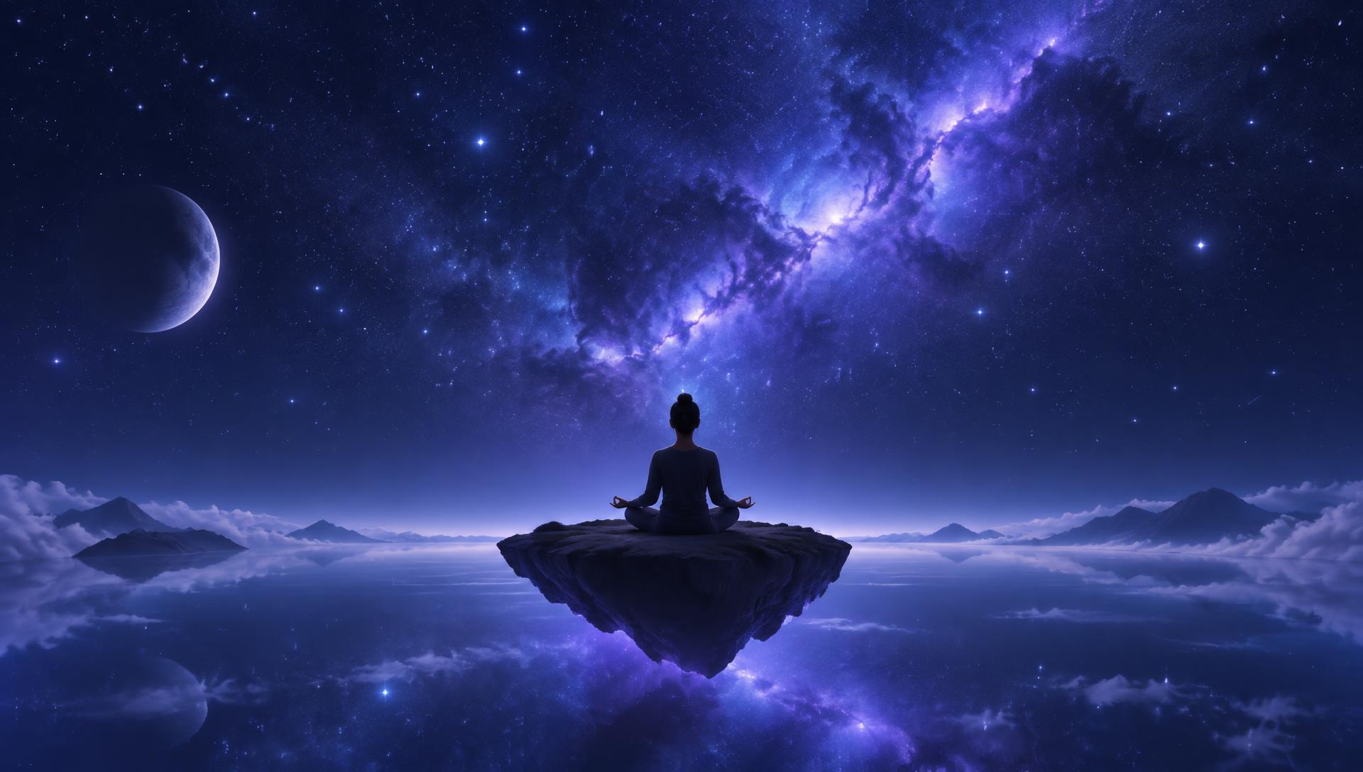 A person meditating under a starry midnight sky